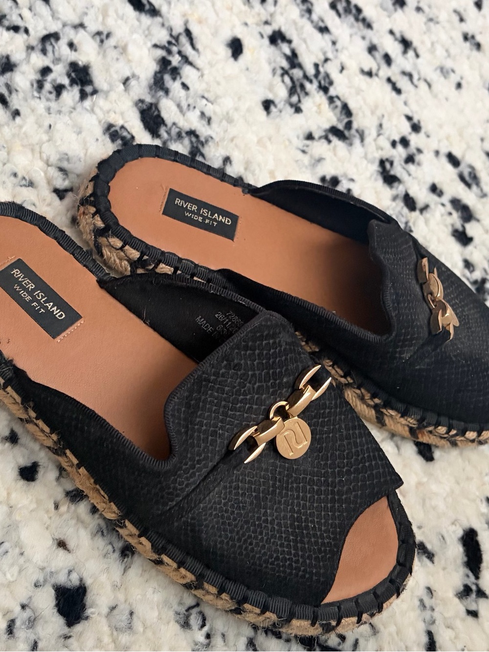 River Island Black Slip-On Espadrille Mules with Gold Chain Detail